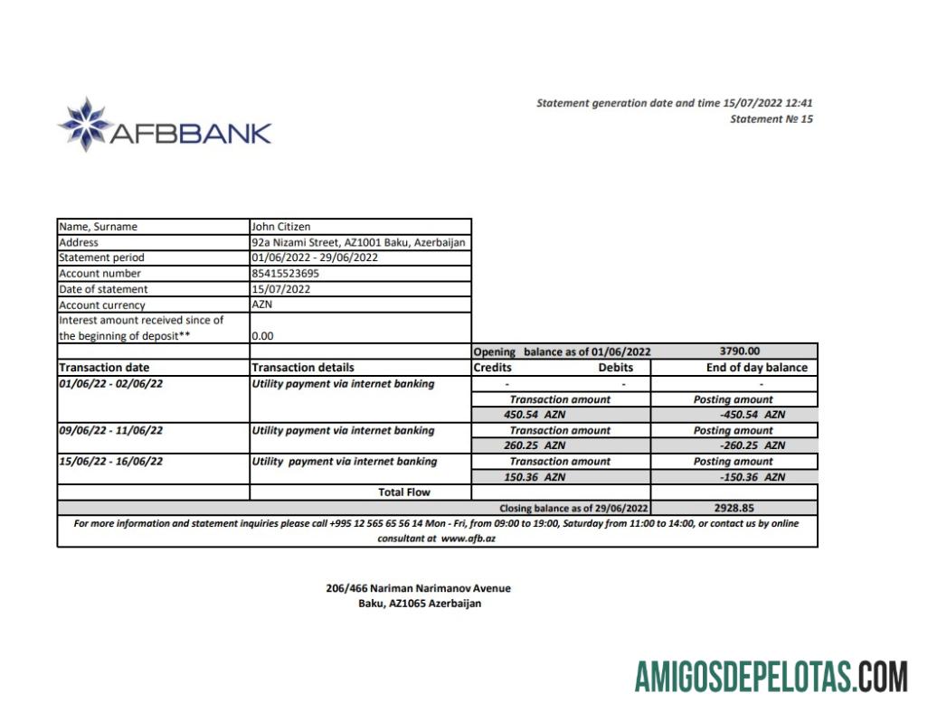 Modelo de extrato bancário do Azerbaijão Afbbank para download em formato Excel e PDF